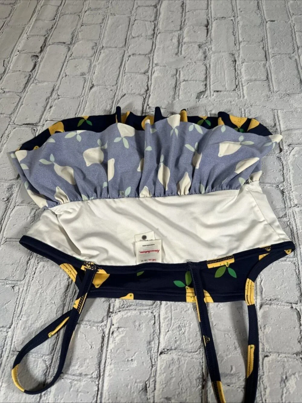 Hanna Andersson Lemon Tankini Swim Top Size 140 CM 10 Navy Blue Yellow Girls